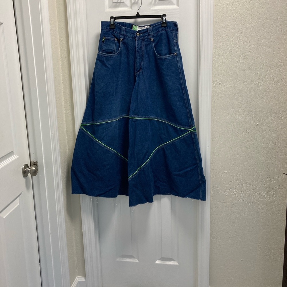 Kik Wear Hydraulics Y2K Blue Denim Extra Wide-Leg Jeans with Green Stitching